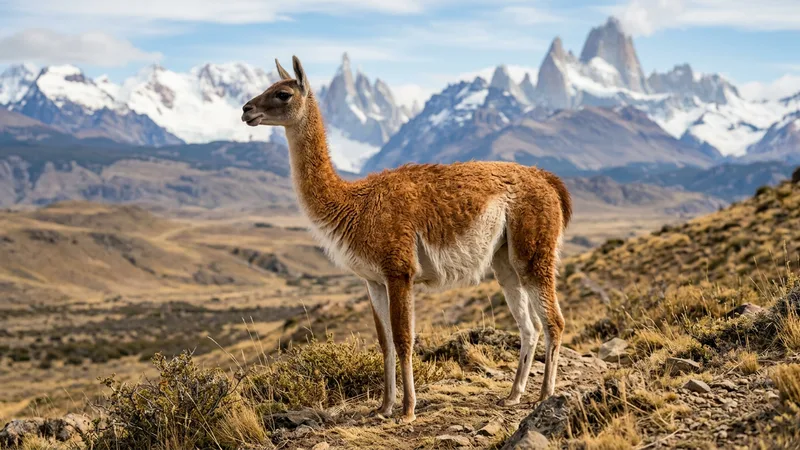 Ilustración naturalista de guanacos alimentándose de pastos, arbustos en estepa patagónica y andes