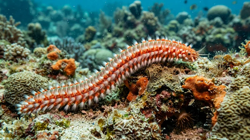 Ilustración naturalista de gusanos marinos alimentándose de restos orgánicos, fitoplancton en fondos marinos mundiales
