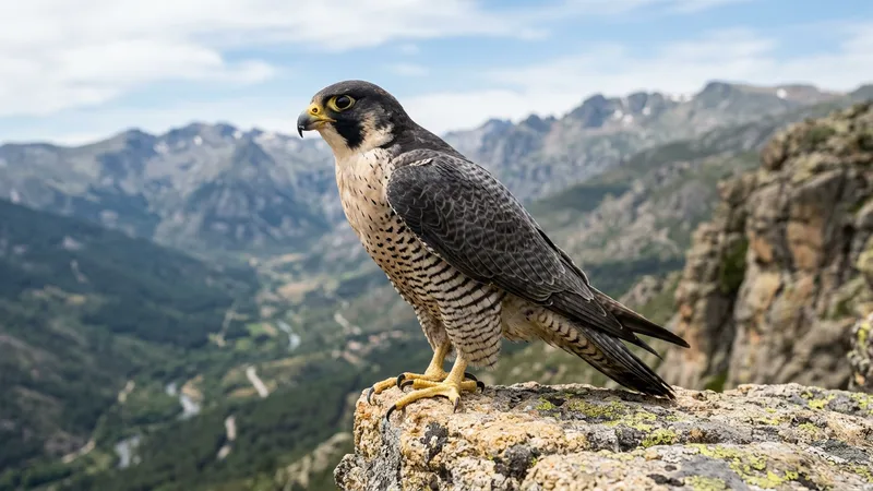 Ilustración naturalista de halcones peregrinos alimentándose de palomas, tórtolas en acantilados y ciudades mundiales