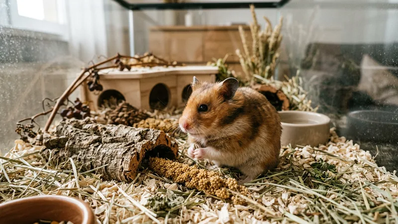 Ilustración naturalista de hamsters alimentándose de semillas, frutas en mascota