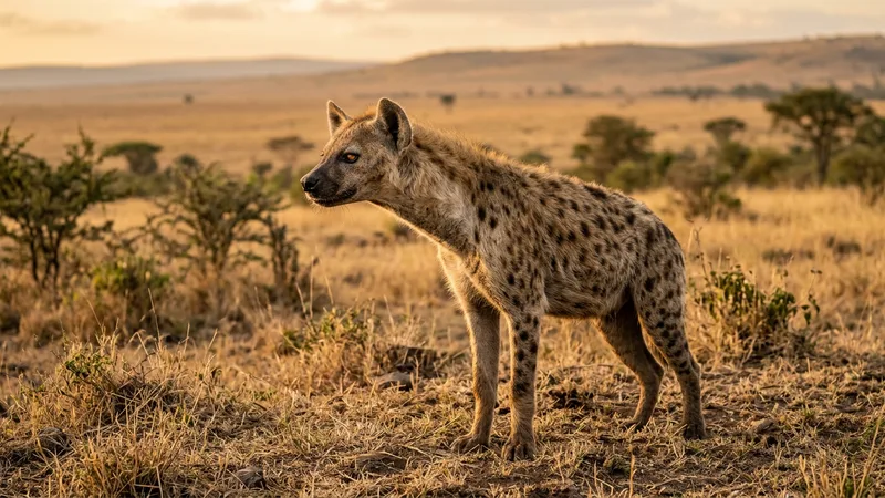 Ilustración naturalista de hienas alimentándose de carne, huesos en sabana y matorral africanos
