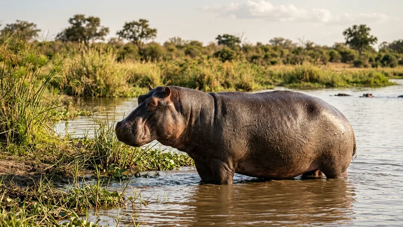 Ilustración naturalista de hipopótamos alimentándose de pasto, hierbas en áfrica