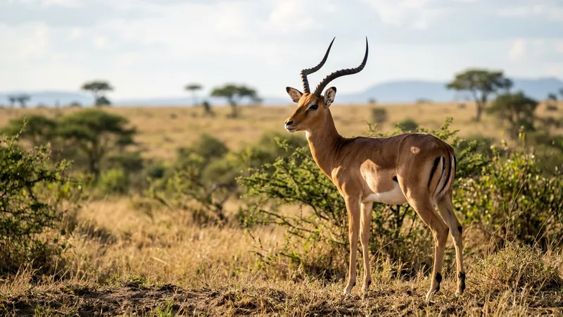 Ilustración naturalista de impalas alimentándose de pastos, hojas en sabana africana
