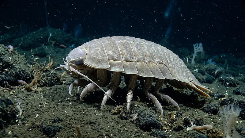 Ilustración naturalista de isópodos gigantes alimentándose de carroña, cadáveres de peces en fondos abisales oceánicos