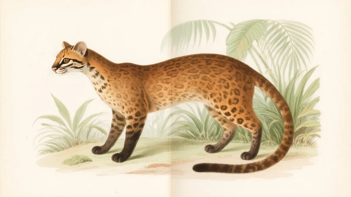 Ilustración naturalista de jaguarundi en sotobosque tropical