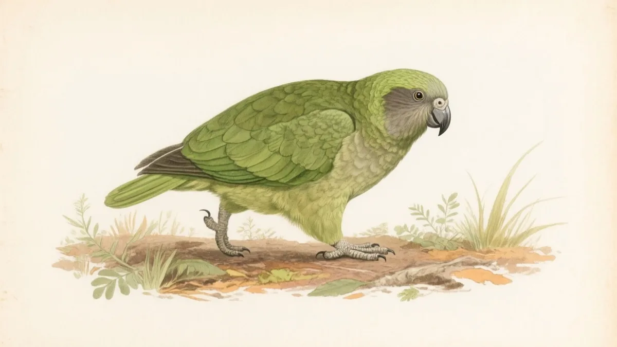 Ilustración naturalista de kakapo verde caminando por suelo de bosque
