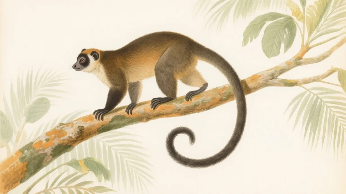 Ilustración naturalista de kinkajou en árbol selvático