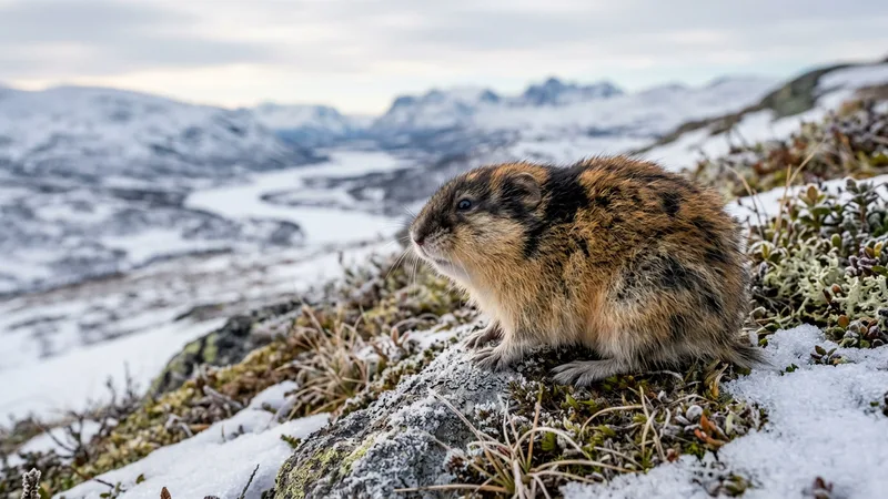 Ilustración naturalista de lémmings alimentándose de hierbas, musgos en tundra ártica