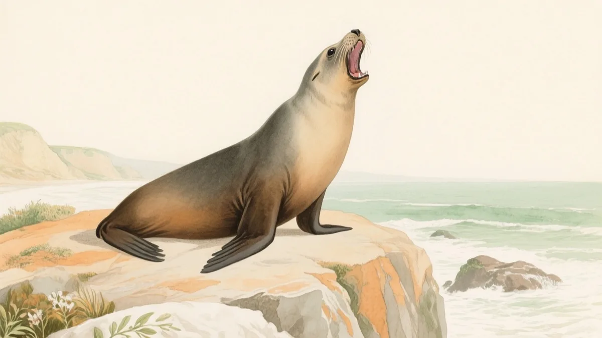 Ilustración naturalista de león marino californiano sobre roca costera