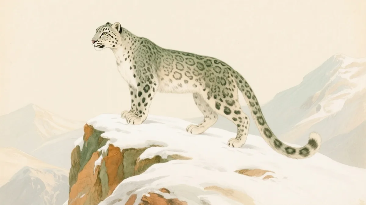 Ilustración naturalista de leopardo de las nieves sobre roca alpina
