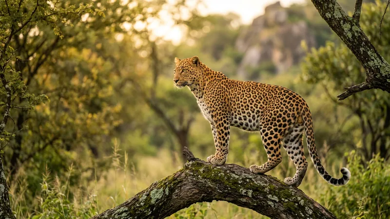 Ilustración naturalista de leopardos alimentándose de ungulados, primates en sabanas y selvas de áfrica y asia