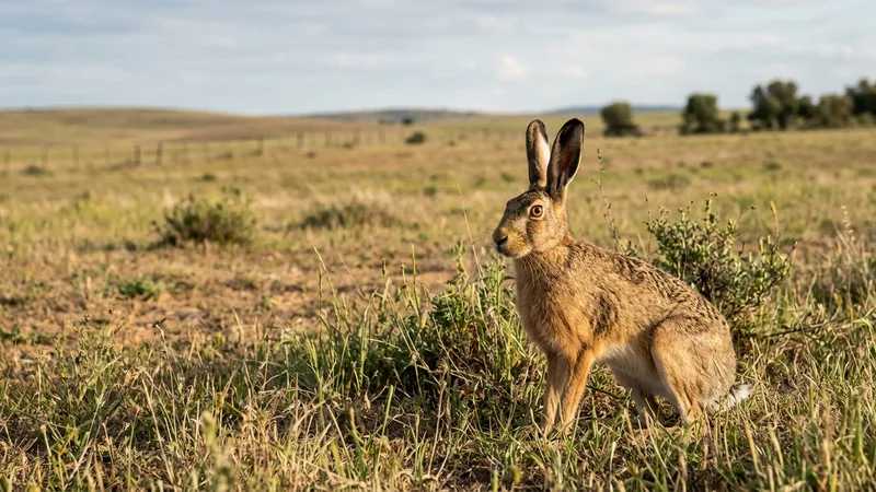 Ilustración naturalista de una liebre común en un prado