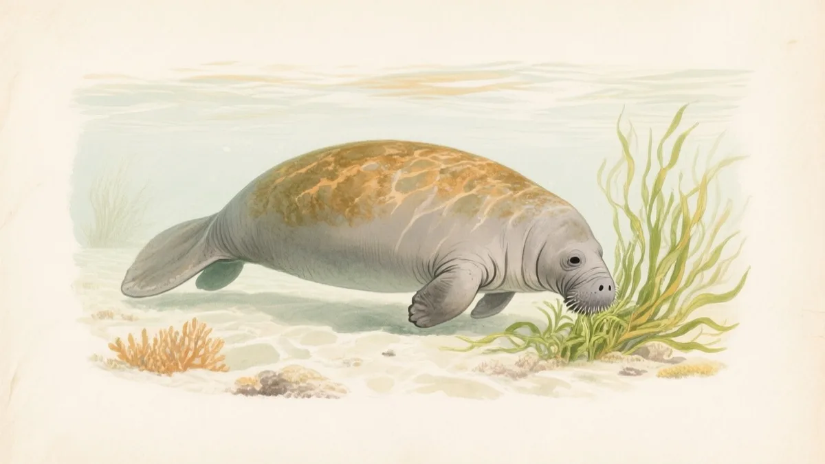 Ilustración naturalista de manatí del Caribe pastando hierba marina