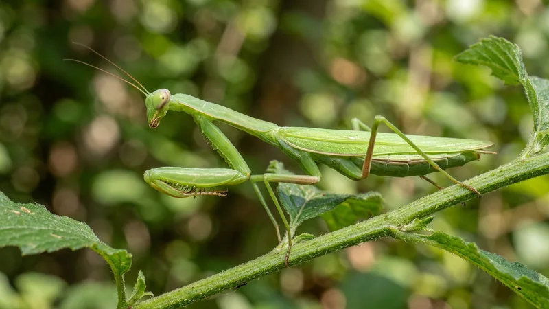 Ilustración naturalista de mantis alimentándose de insectos, moscas en praderas y matorrales del mundo