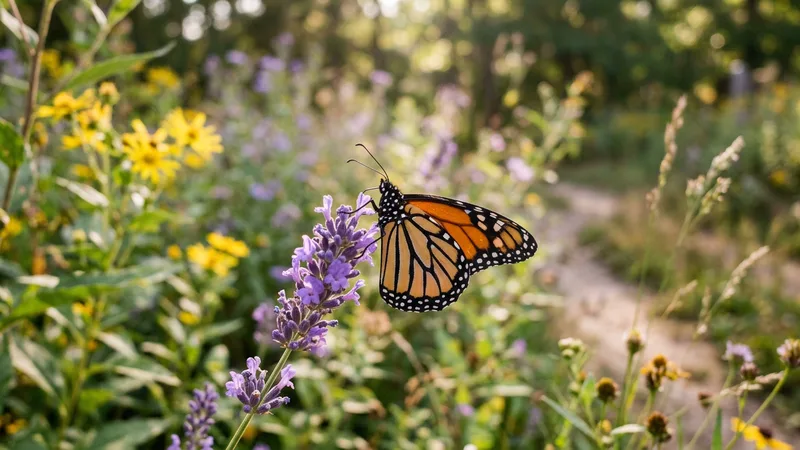 Ilustración naturalista de mariposa monarca sobre flor de lantana