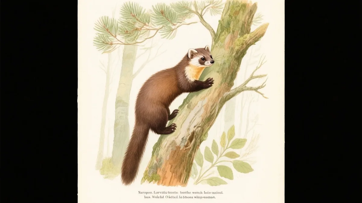 Ilustración naturalista de marta europea trepando por tronco