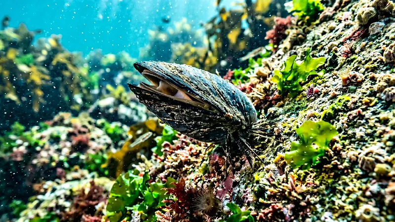 Ilustración naturalista de mejillones alimentándose de fitoplancton, materia orgánica en marino