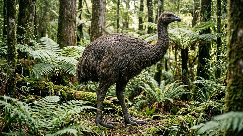 Ilustración naturalista de moas alimentándose de hojas, ramas en nueva zelanda (extinto)