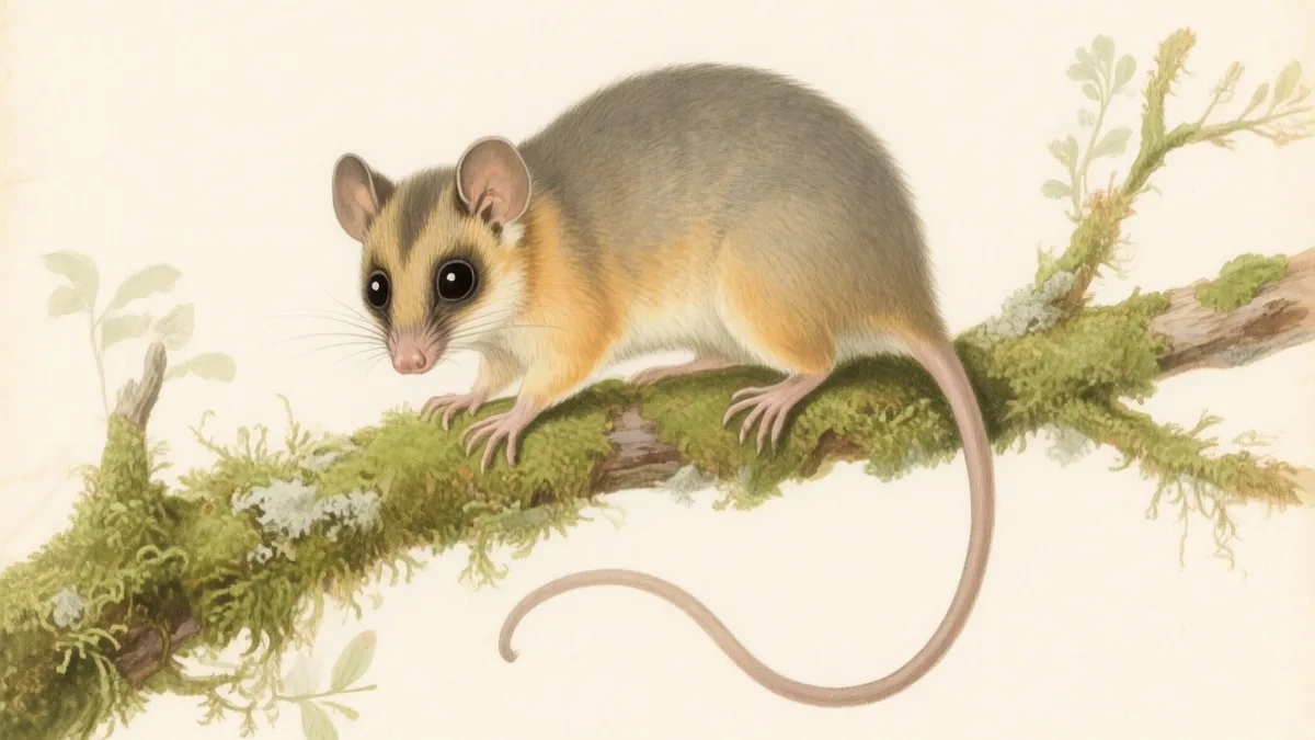 Ilustración naturalista de monito del monte sobre rama con musgo
