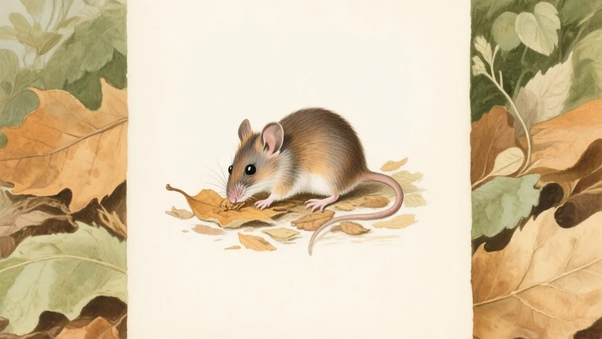 Ilustración naturalista de musaraña común buscando insectos en hojarasca