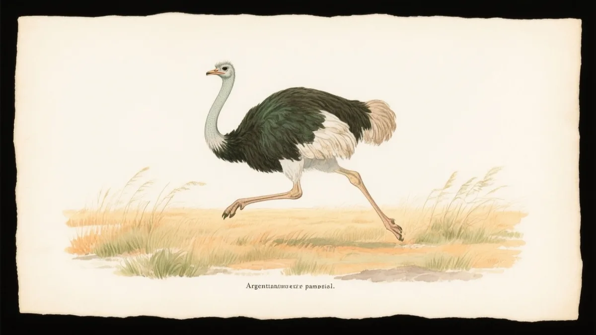 Ilustración naturalista de ñandú común corriendo en pampa argentina