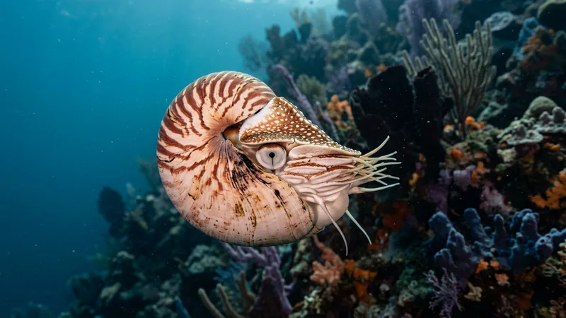 Ilustración naturalista de nautilus alimentándose de peces pequeños, crustáceos en arrecifes profundos del pacífico