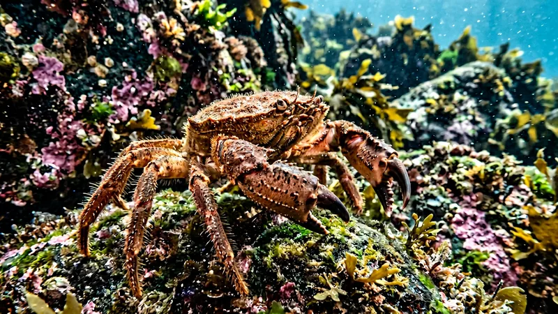 Ilustración naturalista de nécoras alimentándose de algas, moluscos en marino