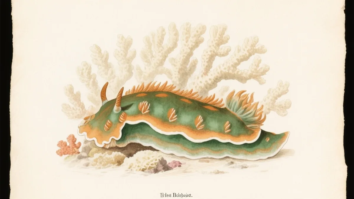 Ilustración naturalista de nudibranquio colorido sobre coral