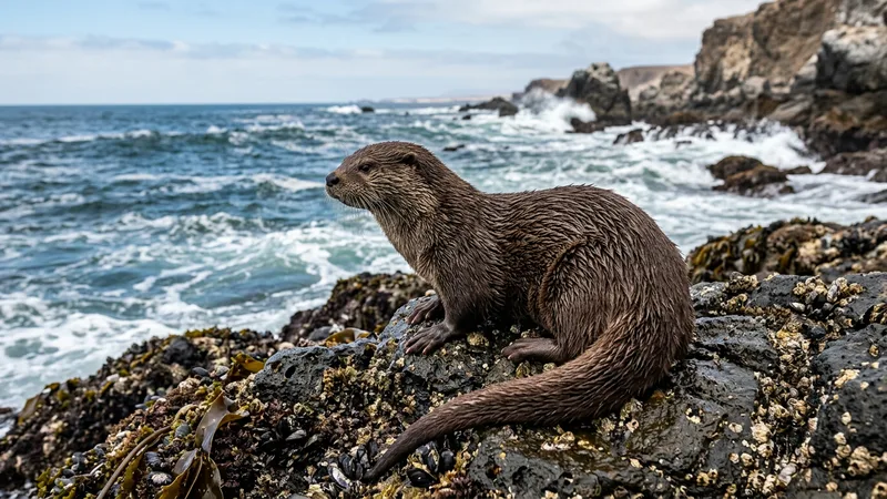 Ilustración naturalista de nutrias marinas alimentándose de erizos de mar, almejas en costas del pacífico norte