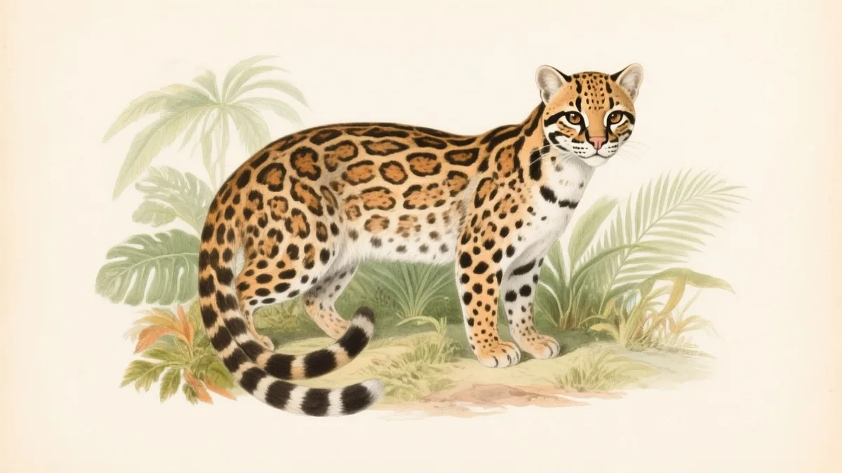 Ilustración naturalista de ocelote en sotobosque selvático