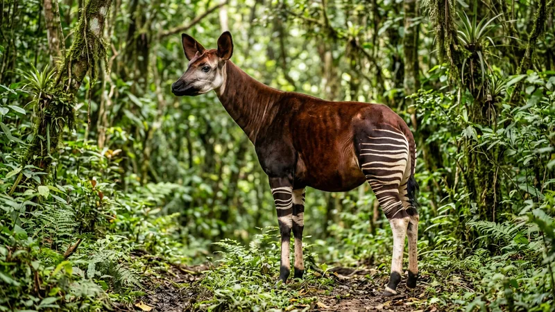 Ilustración naturalista de okapis alimentándose de hojas, brotes en selvas del congo