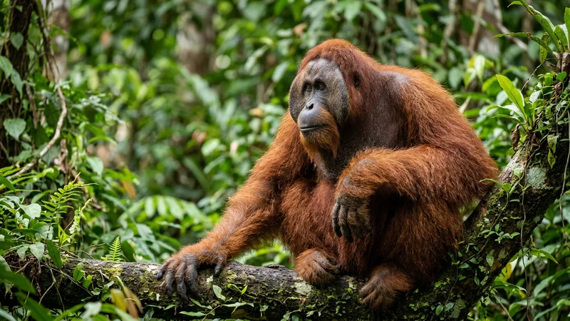 Ilustración naturalista de orangutanes alimentándose de frutas, hojas en selvas de borneo y sumatra