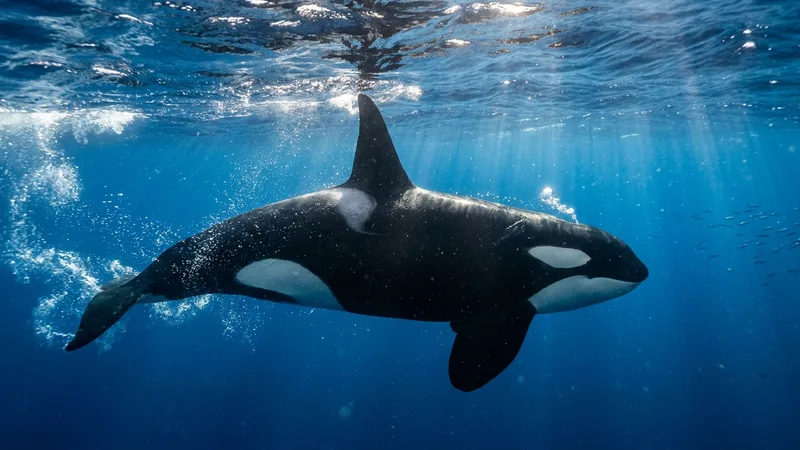 Ilustración naturalista de una orca saltando sobre el agua