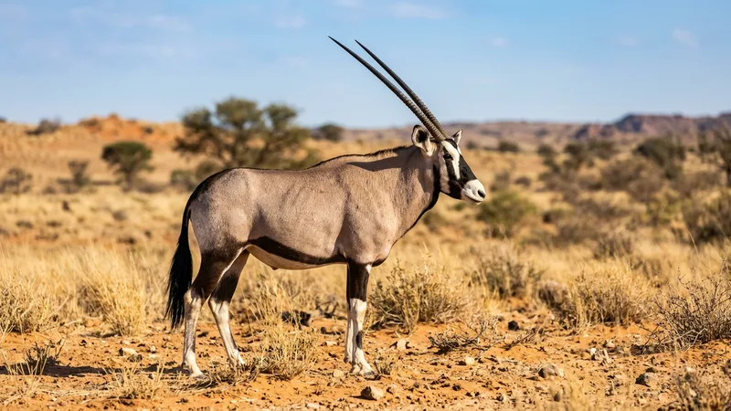 Ilustración naturalista de órix alimentándose de pastos secos, hierbas en desiertos y sabanas africanas