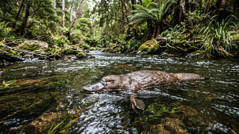 Ilustración naturalista de un ornitorrinco nadando con el pico bajo el agua