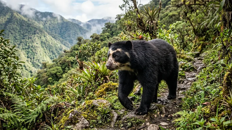 Ilustración naturalista de osos andinos alimentándose de frutos, bayas en andes sudamericanos