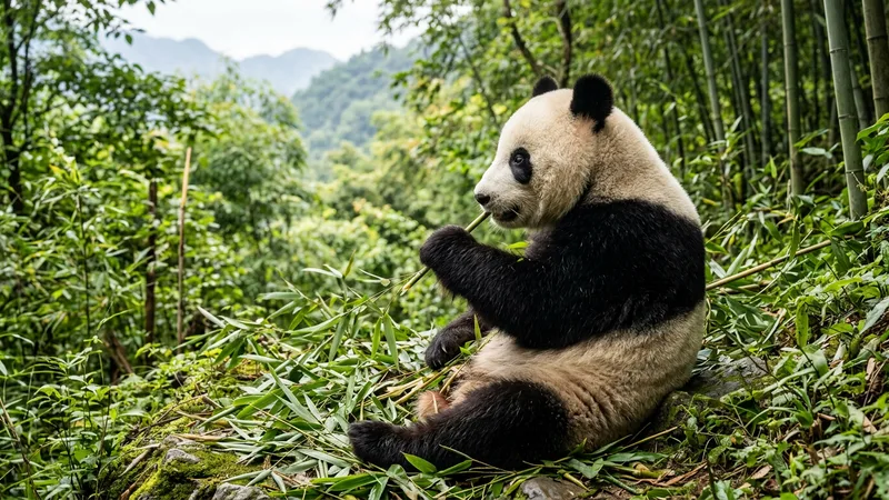 Ilustración naturalista de osos pandas alimentándose de bambú, frutas en bosques de bambú de china