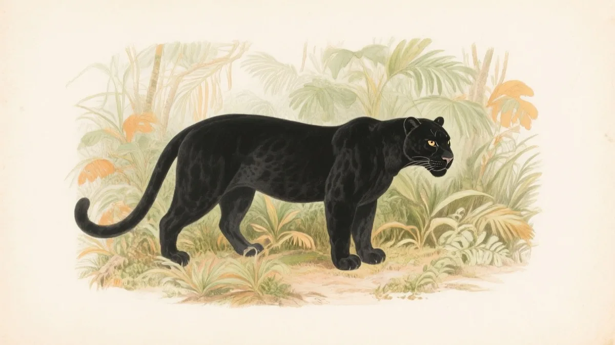 Ilustración naturalista de pantera negra (leopardo melánico) en sotobosque selvático
