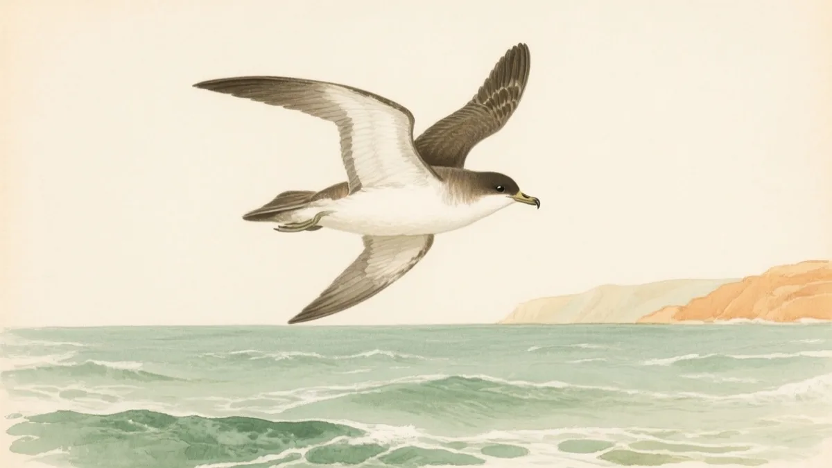 Ilustración naturalista de pardela cenicienta planeando sobre el mar