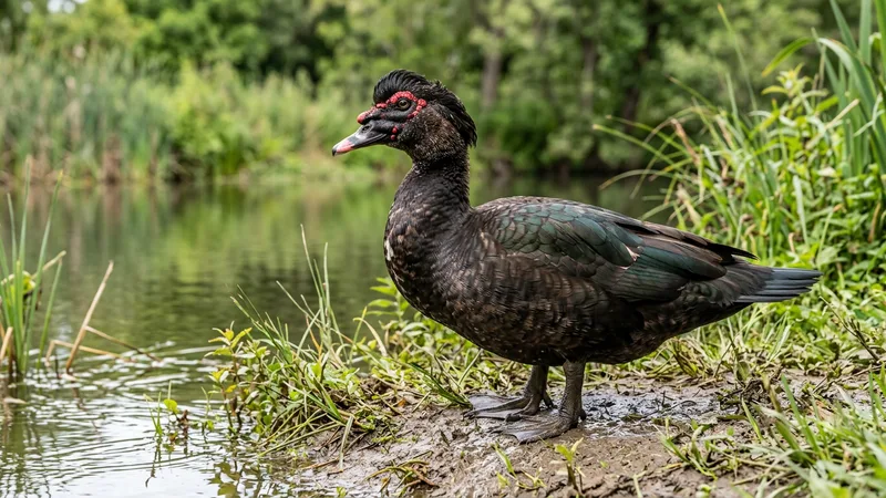Ilustración naturalista de patos criollos alimentándose de semillas, granos en humedales tropicales americanos
