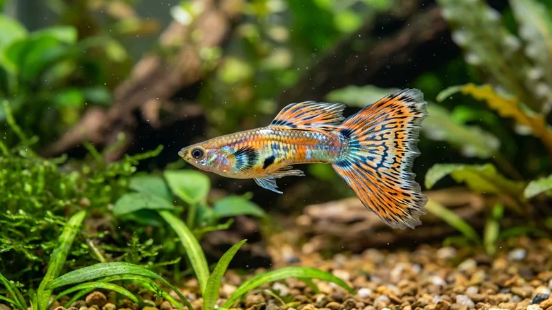 Ilustración naturalista de peces de acuario alimentándose de escamas, gránulos en acuarios domésticos mundiales