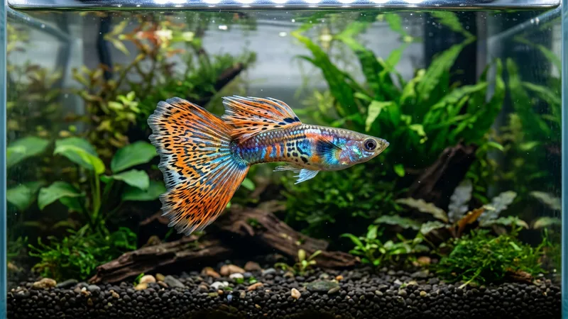 Ilustración naturalista de peces guppy alimentándose de algas, crustáceos en acuarios y aguas cálidas