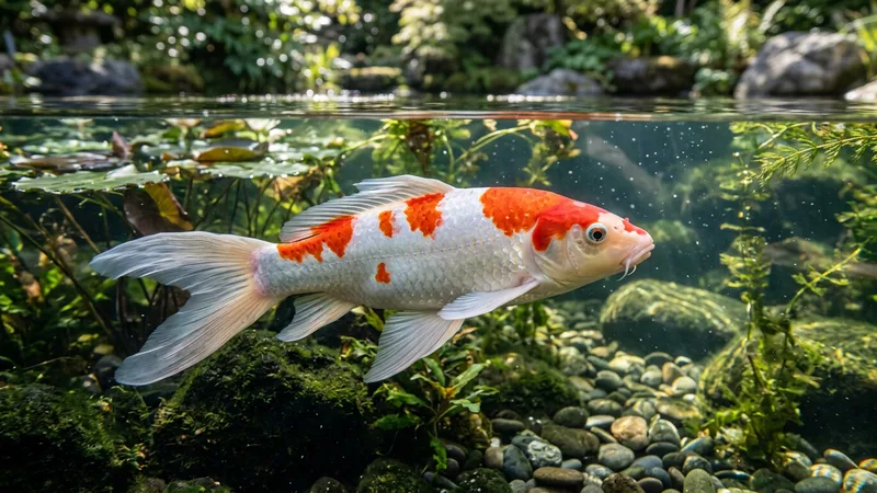 Ilustración naturalista de peces koi alimentándose de pellets comerciales, algas en estanques ornamentales