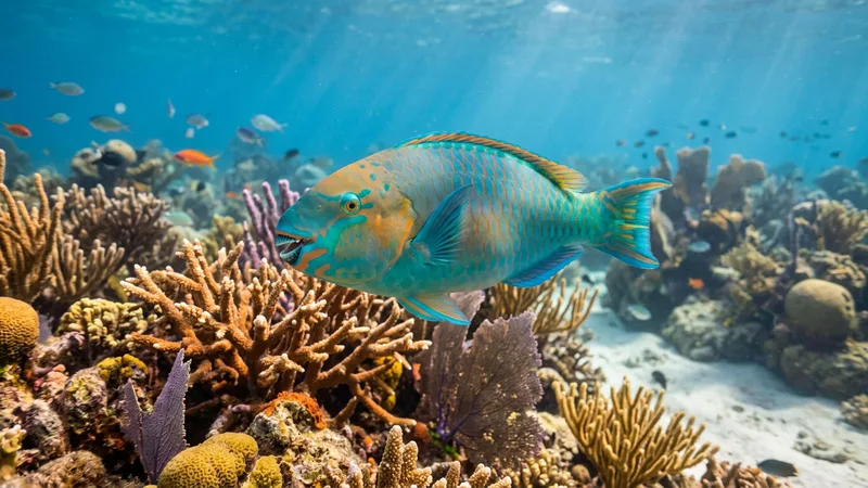 Ilustración naturalista de peces loro alimentándose de algas, fragmentos de coral en arrecifes tropicales