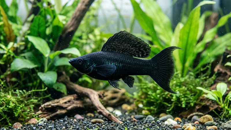 Ilustración naturalista de peces molly alimentándose de algas, invertebrados en acuarios y aguas dulces