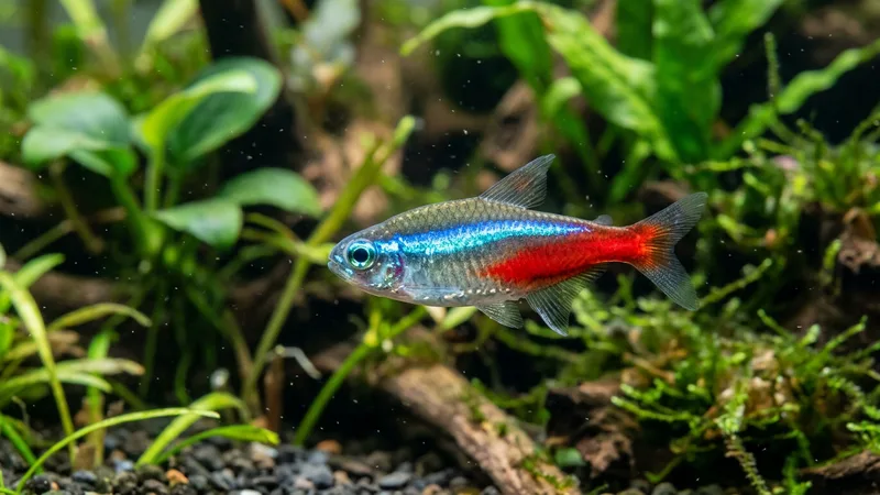 Ilustración naturalista de peces neón alimentándose de microcrustáceos, larvas de insectos en amazonas y acuarios
