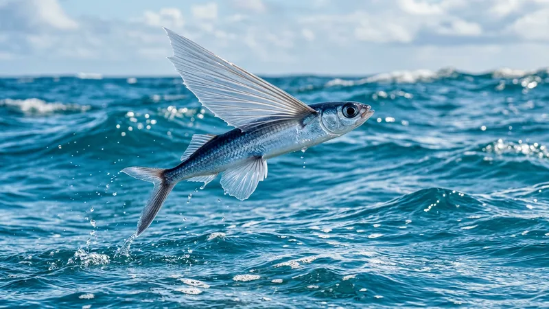 Ilustración naturalista de peces voladores alimentándose de zooplancton, copépodos en mares cálidos mundiales