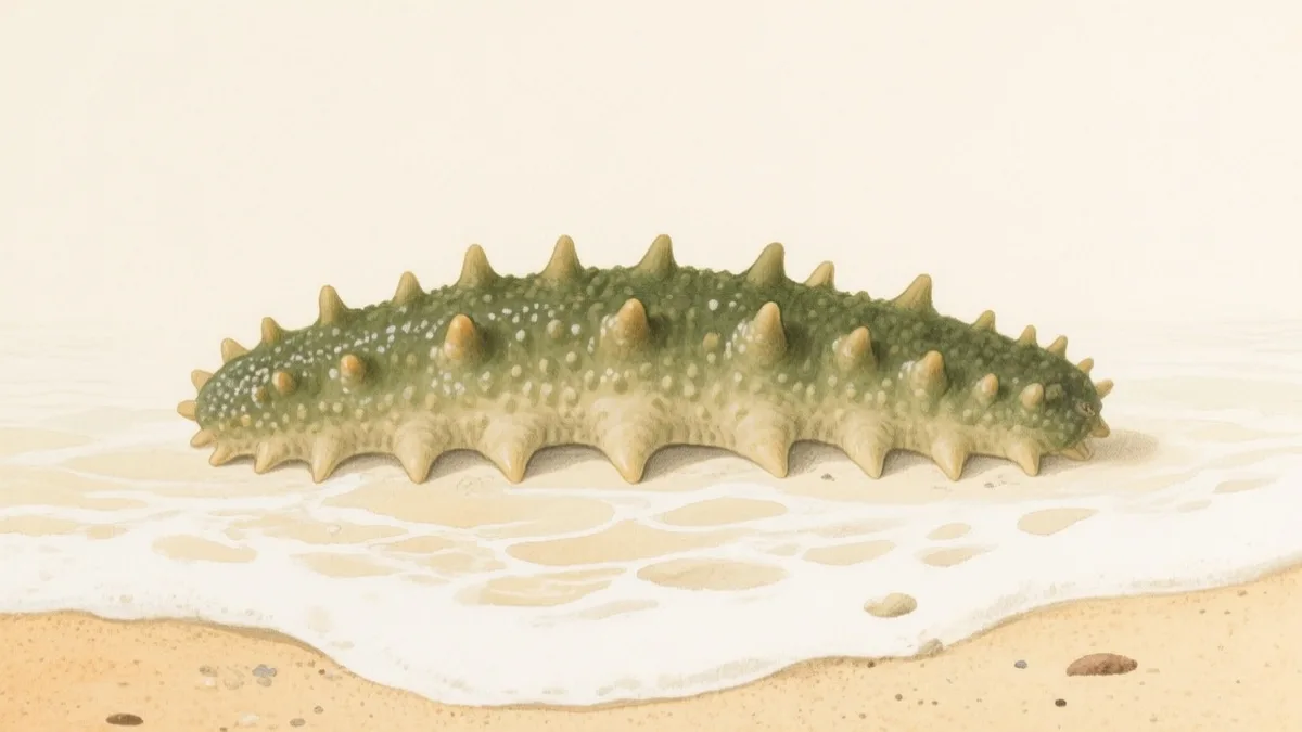 Ilustración naturalista de pepino de mar sobre fondo arenoso