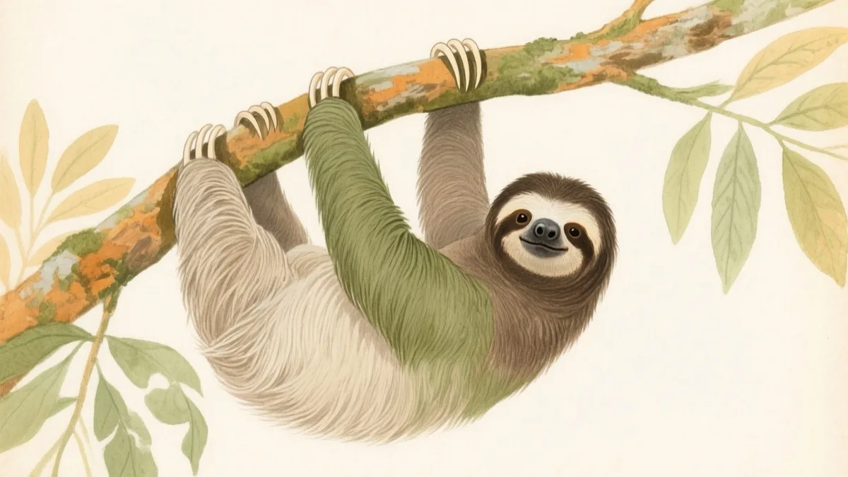 Ilustración naturalista de perezoso de tres dedos colgando de rama selvática