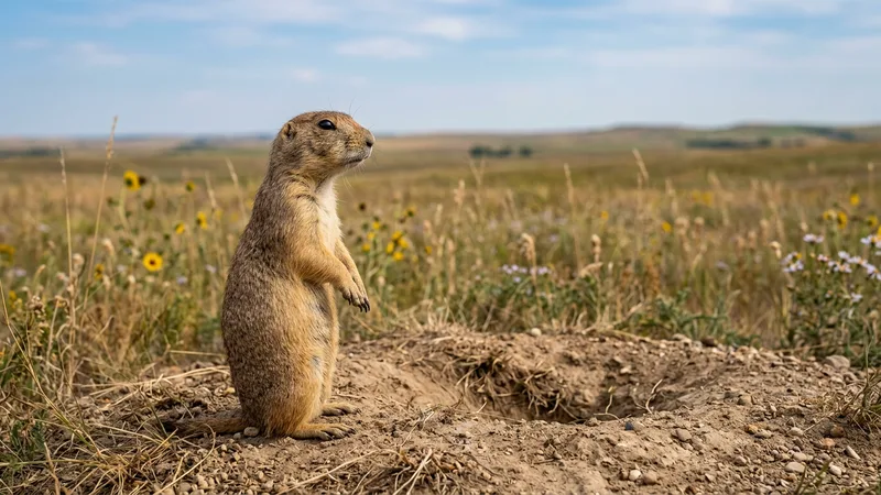 Ilustración naturalista de perritos de la pradera alimentándose de pastos, hierbas en praderas de norteamérica
